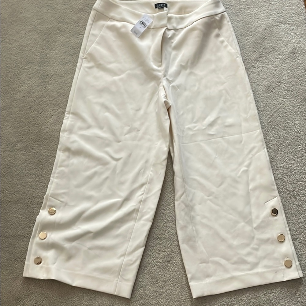 Ann Taylor Stylish Cream Wide-Leg Pants with Button Accents